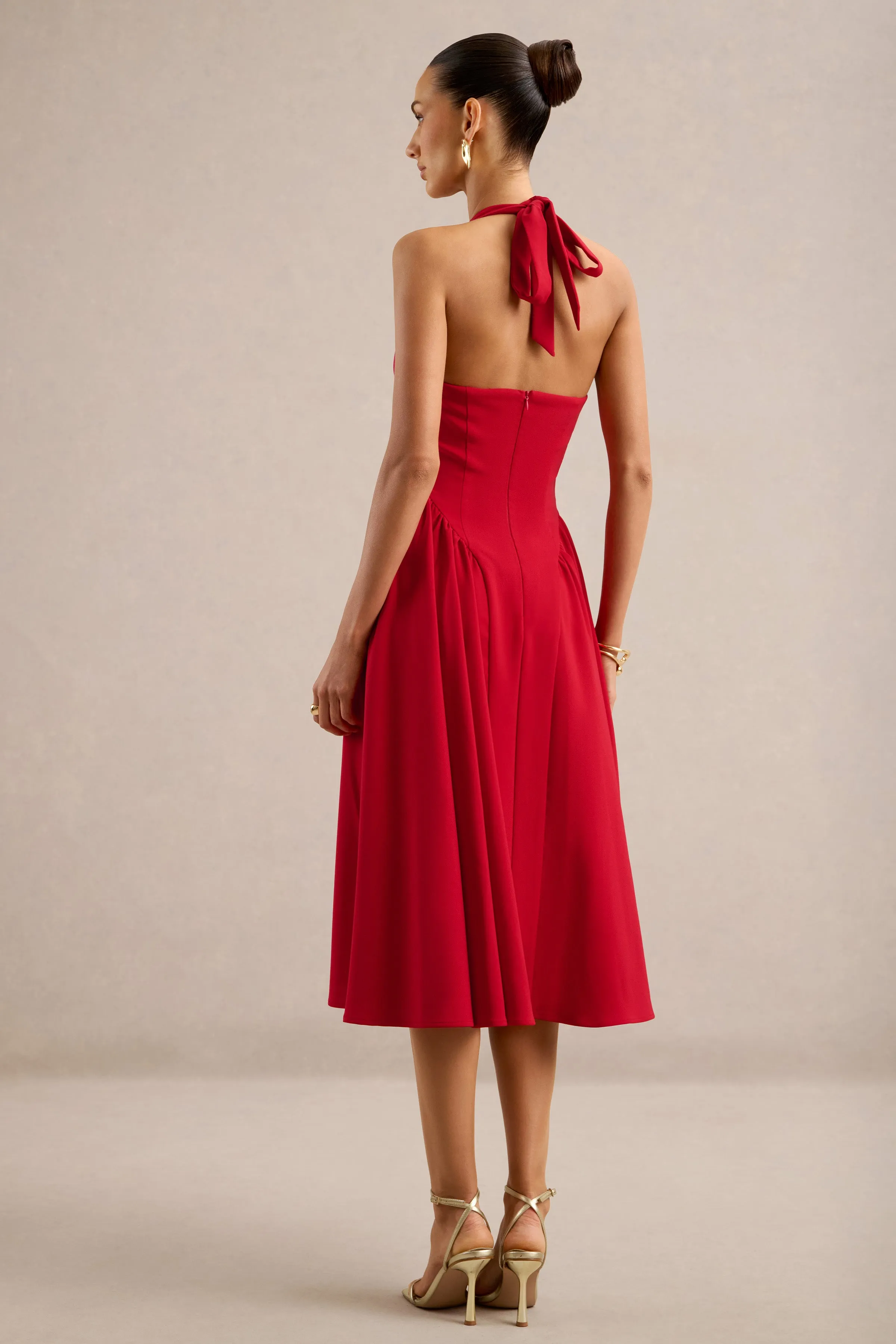 Meriellea | Red Sweetheart A-Line Midi Dress With Gathered Detailing And Tie Back sold by Club L London product image thumbnail 2
