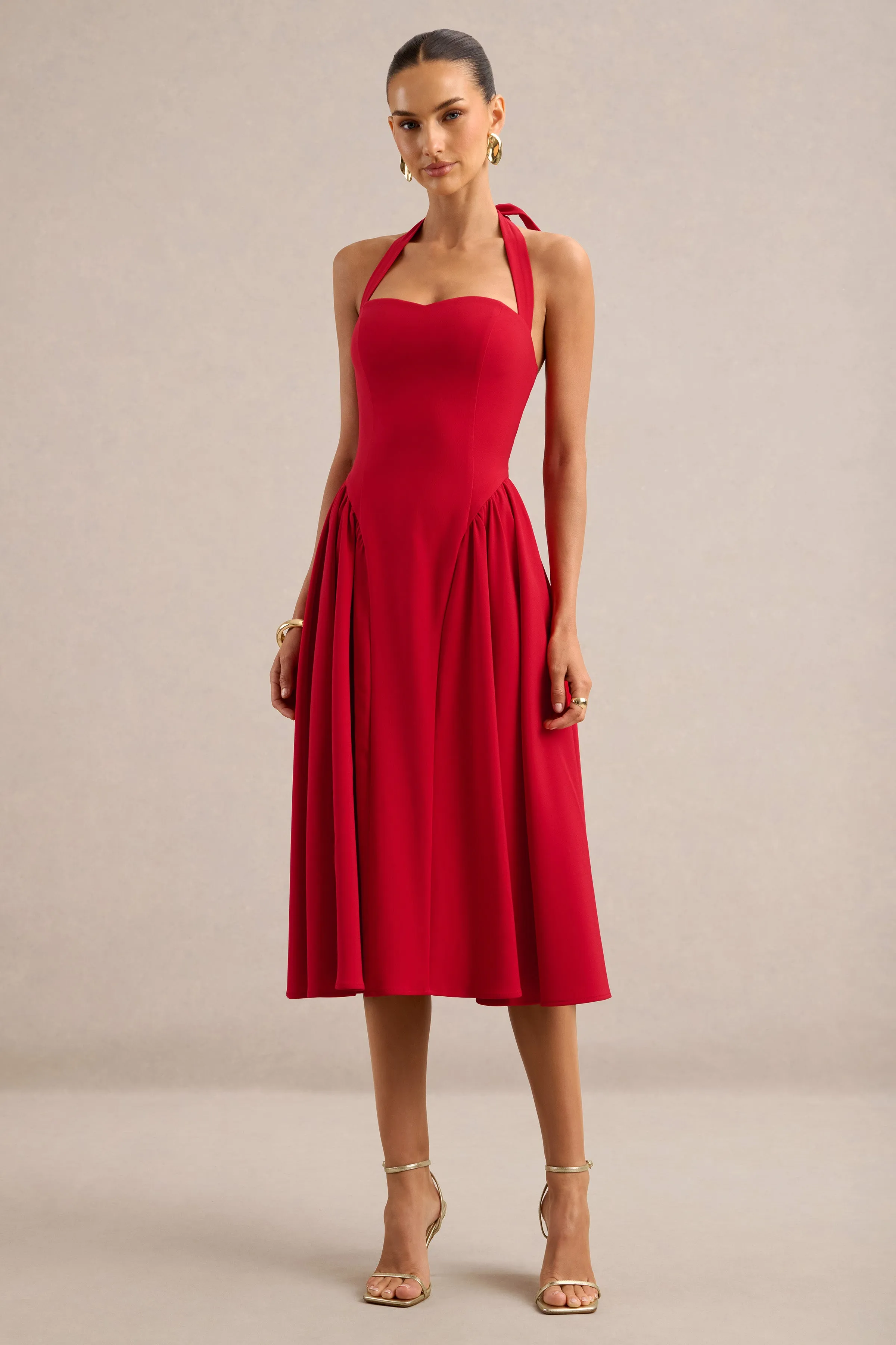 Meriellea | Red Sweetheart A-Line Midi Dress With Gathered Detailing And Tie Back sold by Club L London product image thumbnail 4