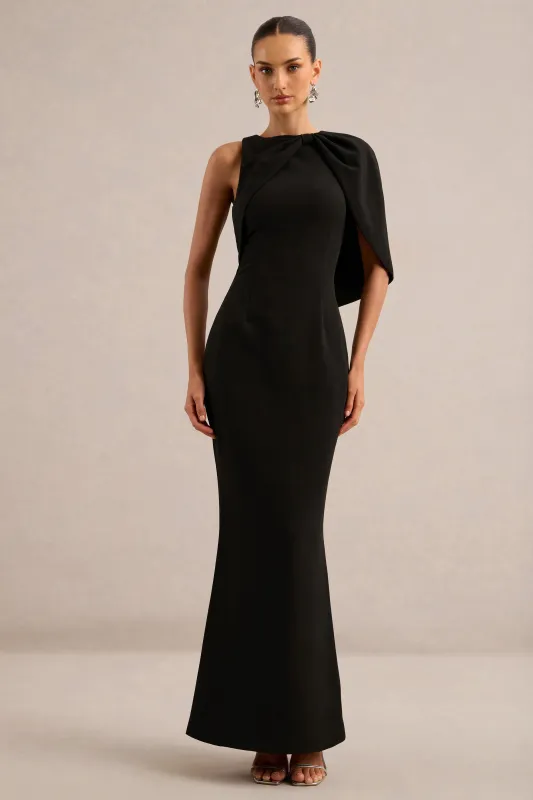 Quira | Black Round Neck Short Sleeve Maxi Dress With Bow Detailing And Back Split made by Club L London