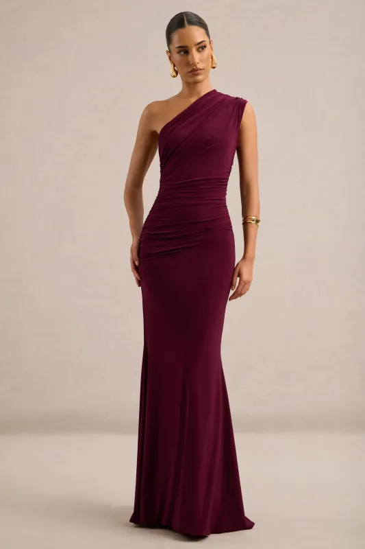 Mardi | Burgundy Asymmetric Maxi Dress With Ruching made by Club L London