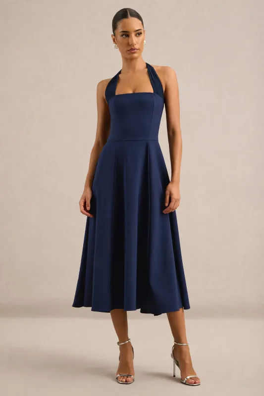 Auburn | Navy Halter A-Line Midi Dress With Mesh Tie Back Detailing made by Club L London