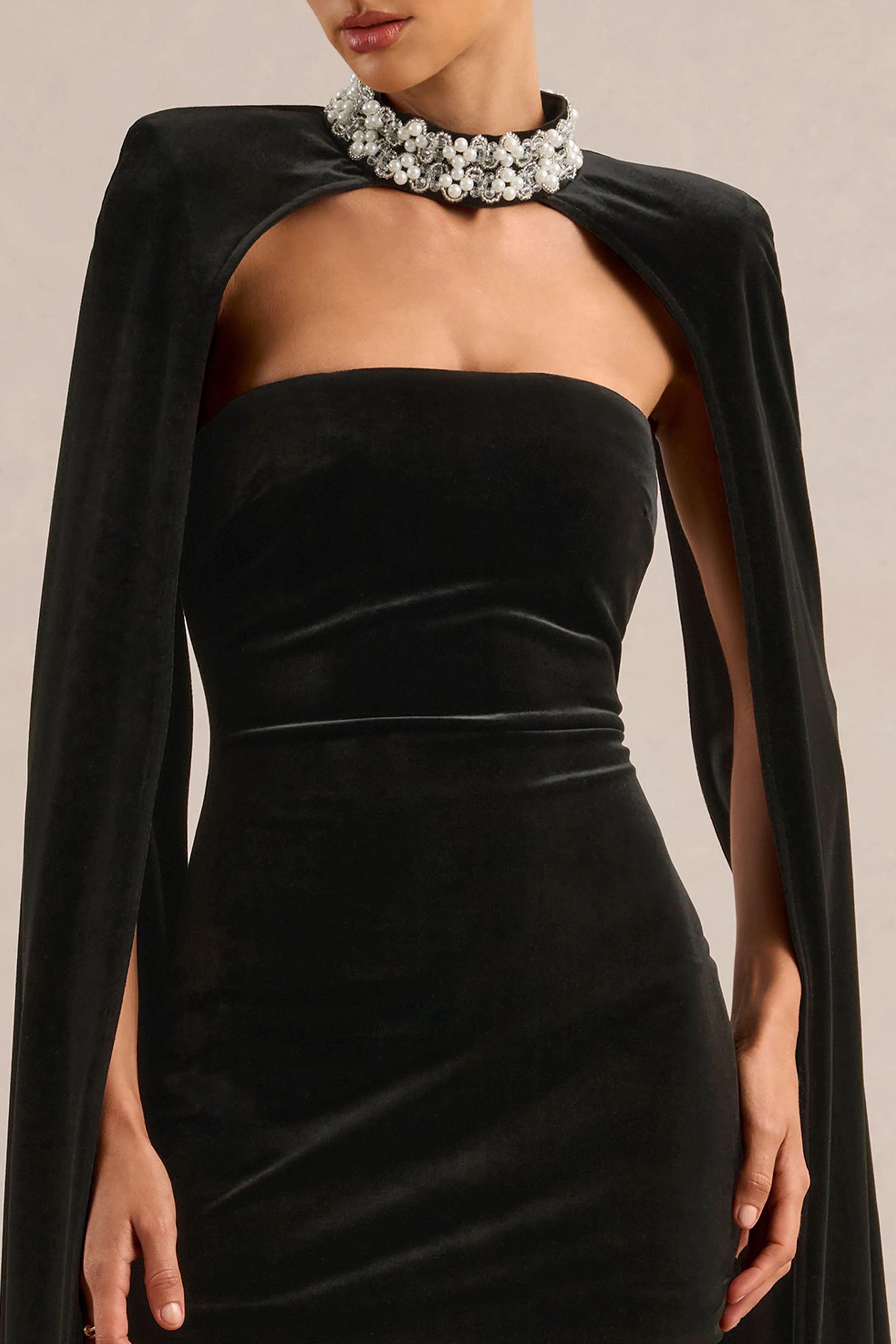 Casandera | Black Velvet Embellished High Neck Long Sleeve Cape sold by Club L London product image thumbnail 5