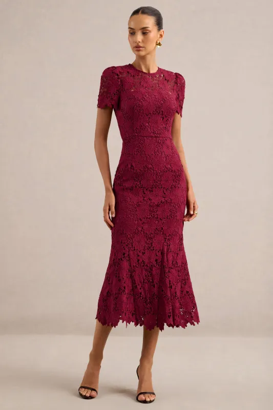 Clarissa | Burgundy Lace High Neck Short Sleeve Midi Dress made by Club L London