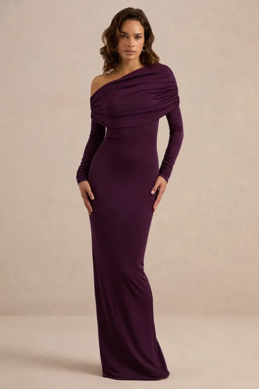Eulalie | Purple One Shoulder Long Sleeve Maxi Dress With Ruching made by Club L London