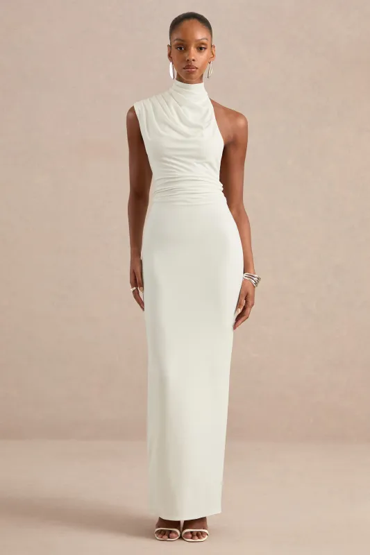 Eula | White Jersey High Neck Maxi Dress With Low Back And Back Split made by Club L London