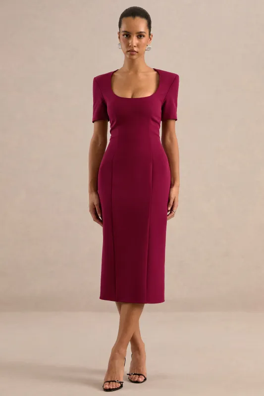 Elisiae | Burgundy Scoop Neck Short Sleeve Midi Dress With Back Split made by Club L London