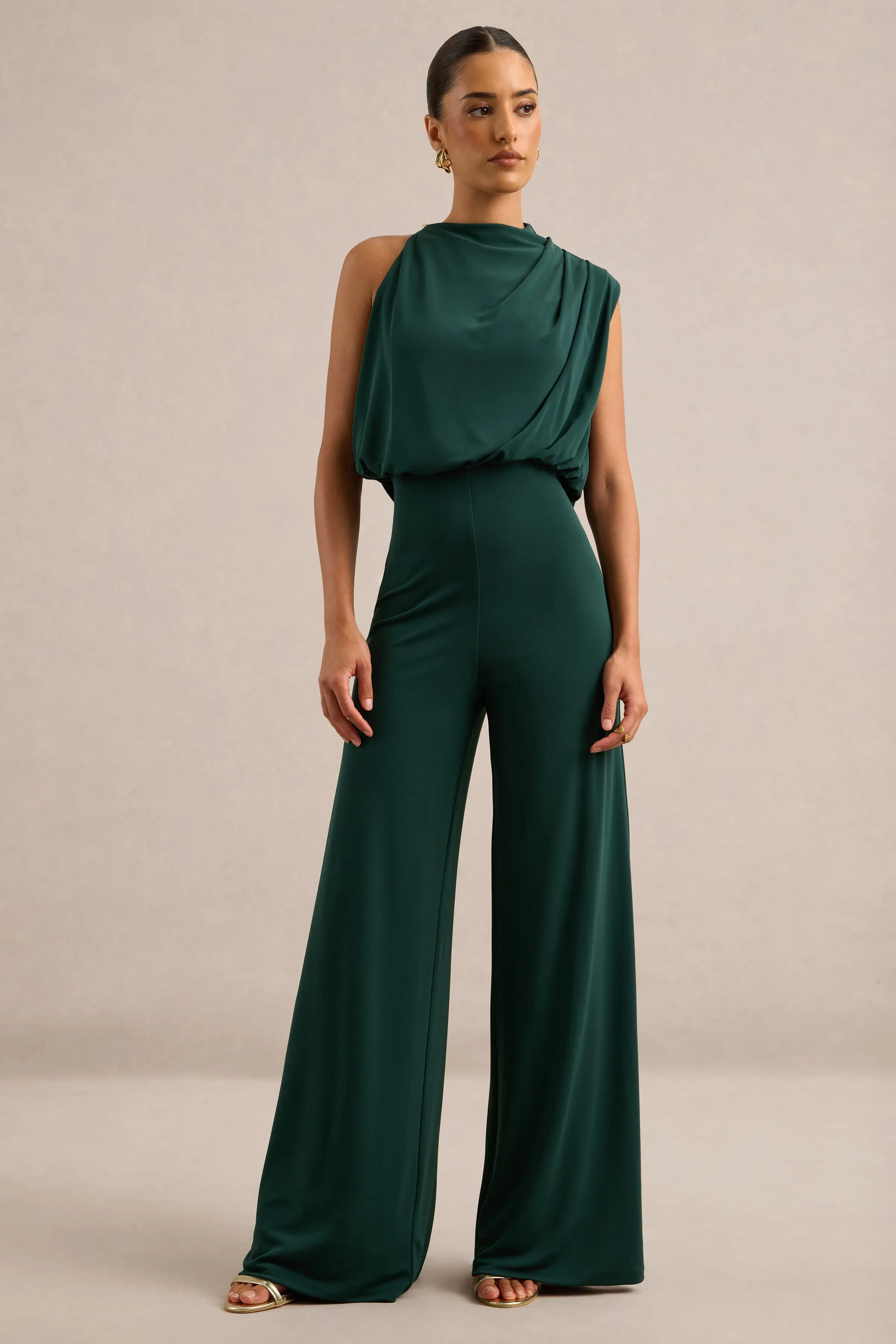 Vianista | Dark Green High Neck Jumpsuit With Gathered Detailing sold by Club L London