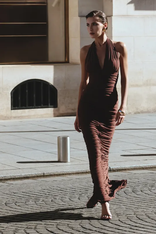 Belle | Brown Halter-Neck Maxi Dress made by Club L London