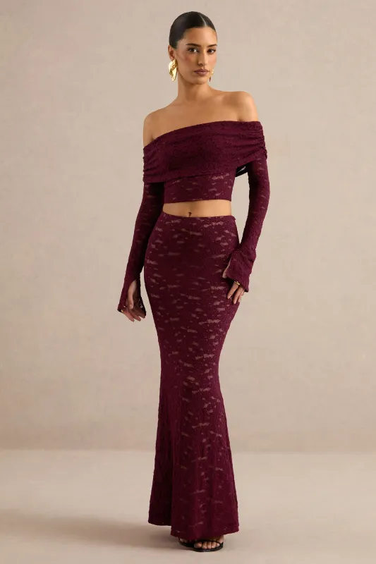Vesalia | Burgundy Lace Mid Rise Maxi Skirt made by Club L London