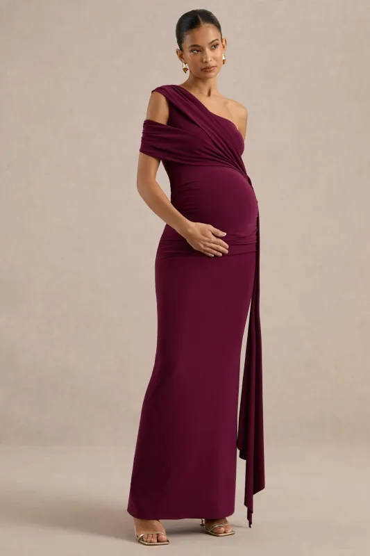 Faren | Burgundy Jersey One Shoulder Maternity Maxi Dress With Ruching made by Club L London