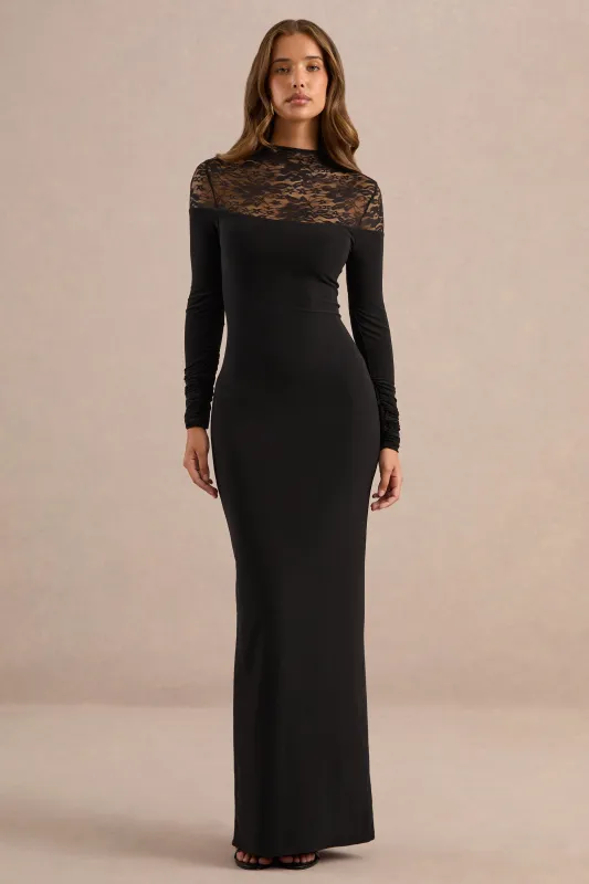 Isolde | Black Jersey High Neck Long Sleeve Maxi Dress With Ruching made by Club L London