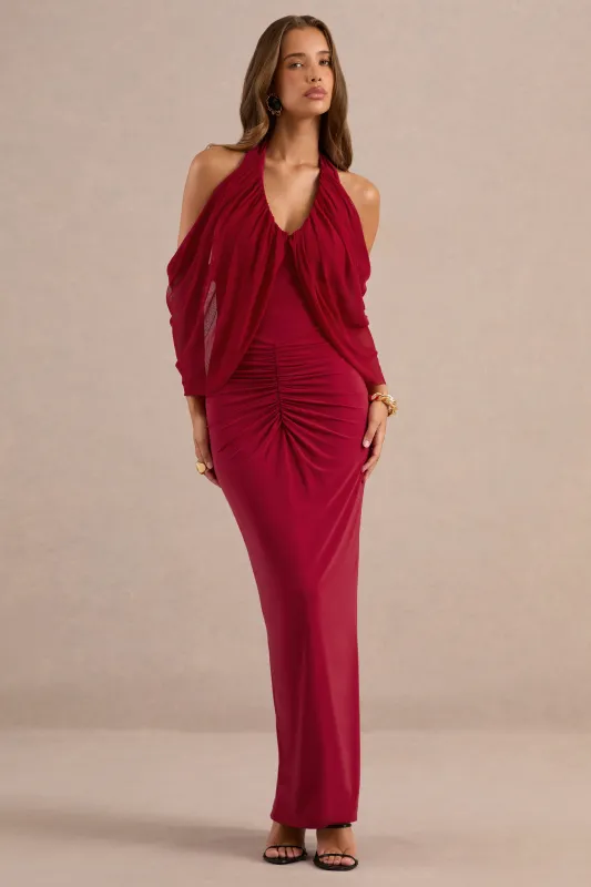Cesaria | Red Jersey Halter Maxi Dress With Ruching And Sheer Sleeves made by Club L London