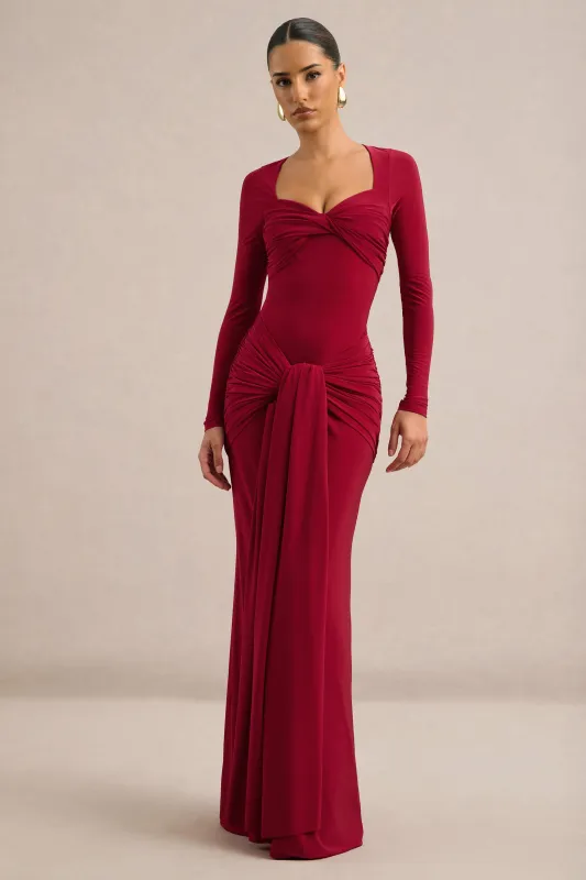 Lania | Red Jersey Sweetheart Neck Long Sleeve Maxi Dress With Gathered Detailing And Sash made by Club L London