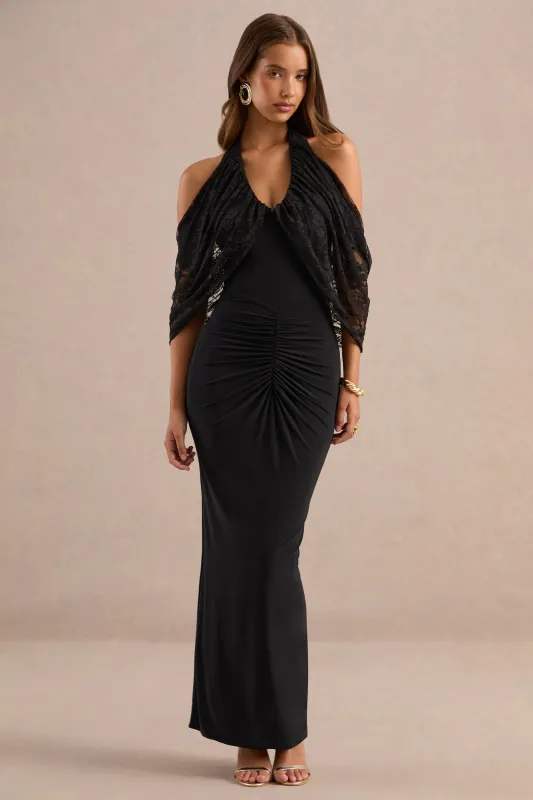 Chara | Black Jersey Halter Maxi Dress With Ruching And Sheer Sleeves made by Club L London