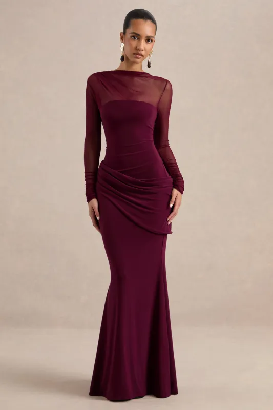 Deema | Burgundy Jersey High Neck Long Sleeve Maxi Dress With Ruching made by Club L London