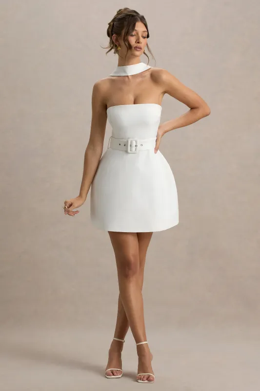 Timberly | White High Neck Tailored Mini Dress With Belt Detailing made by Club L London