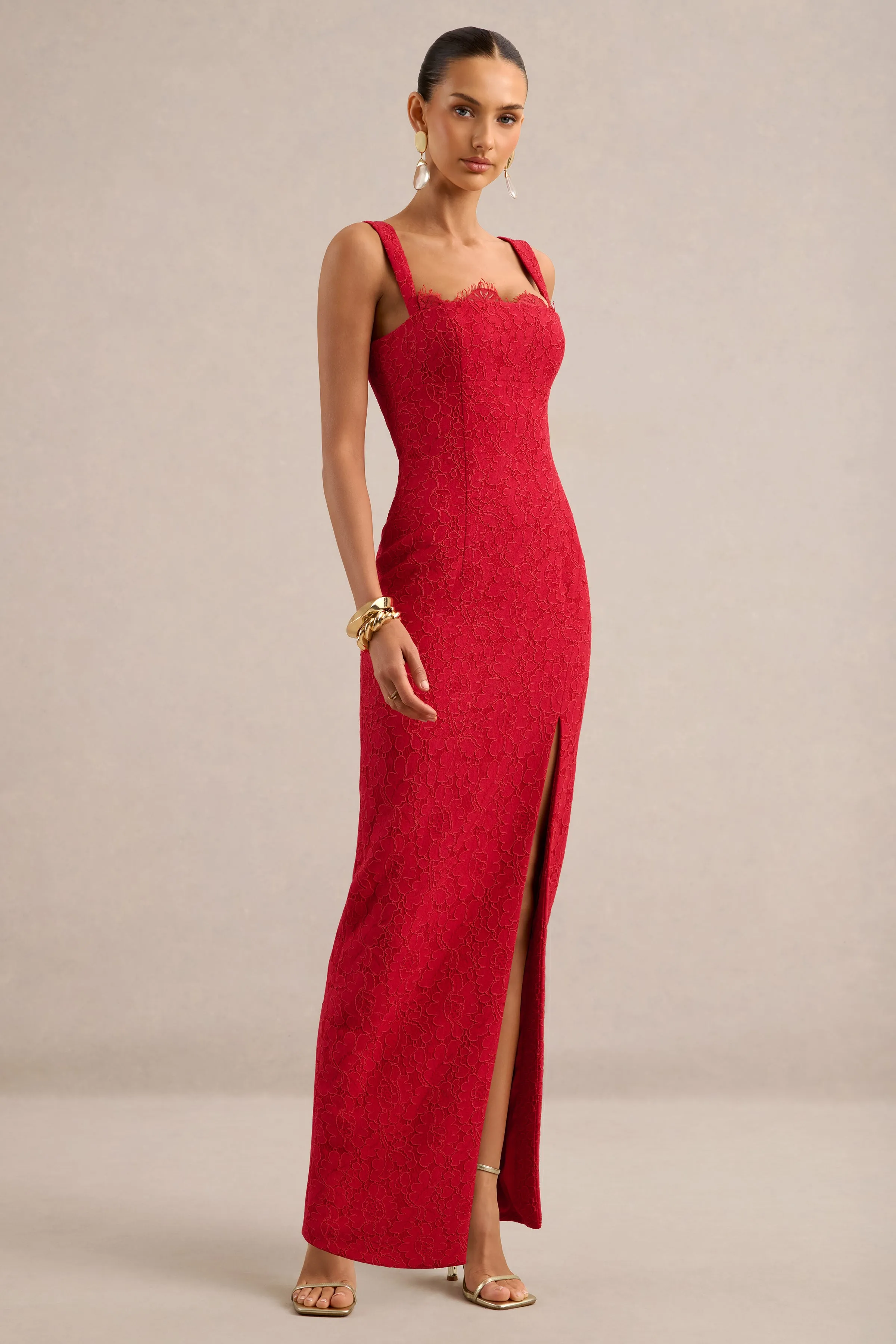 Zarisse | Red Lace Square Neck Maxi Dress With Split sold by Club L London product image thumbnail 3