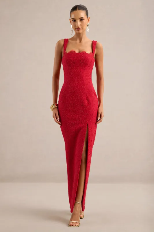 Zarisse | Red Lace Square Neck Maxi Dress With Split made by Club L London