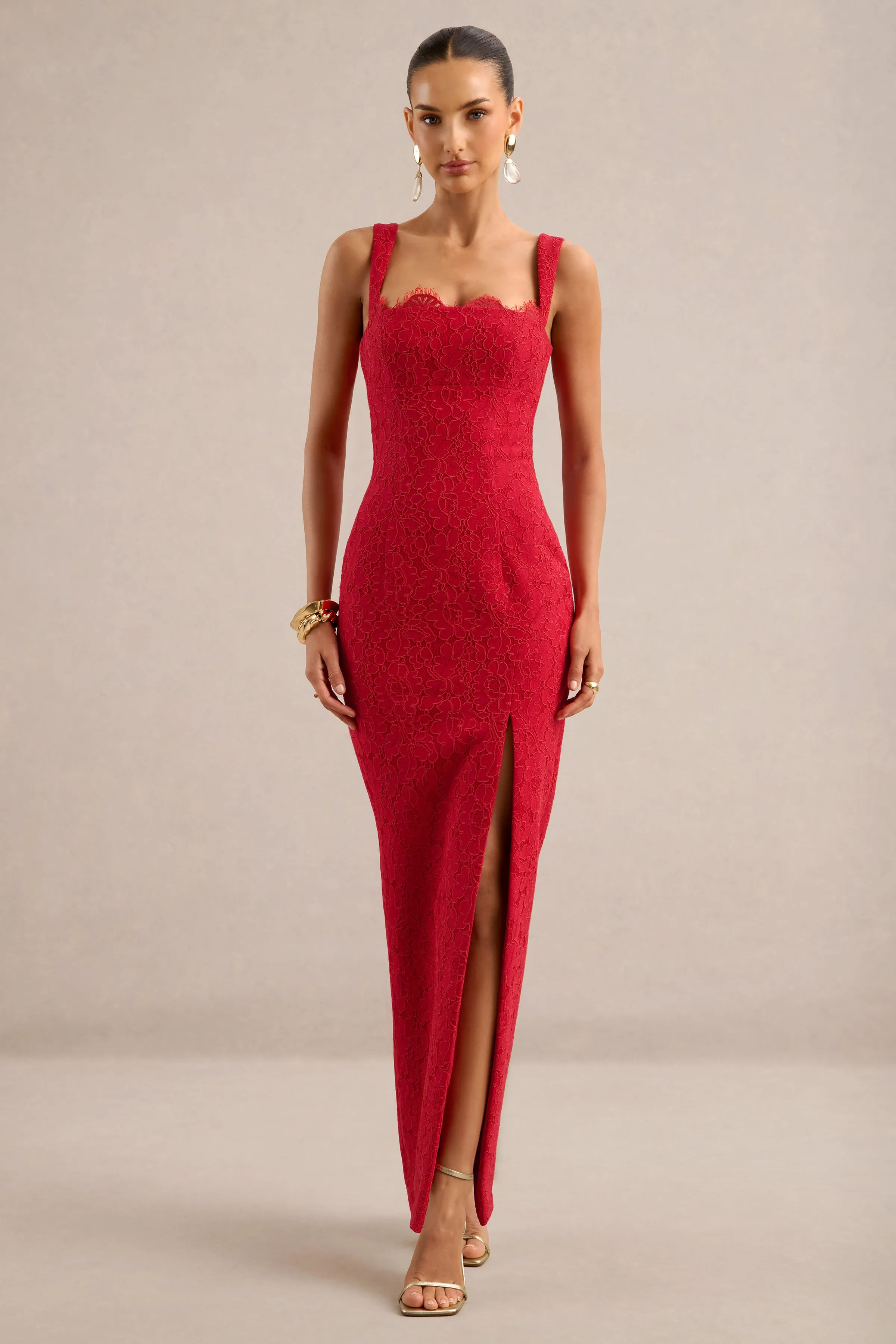 Zarisse | Red Lace Square Neck Maxi Dress With Split sold by Club L London