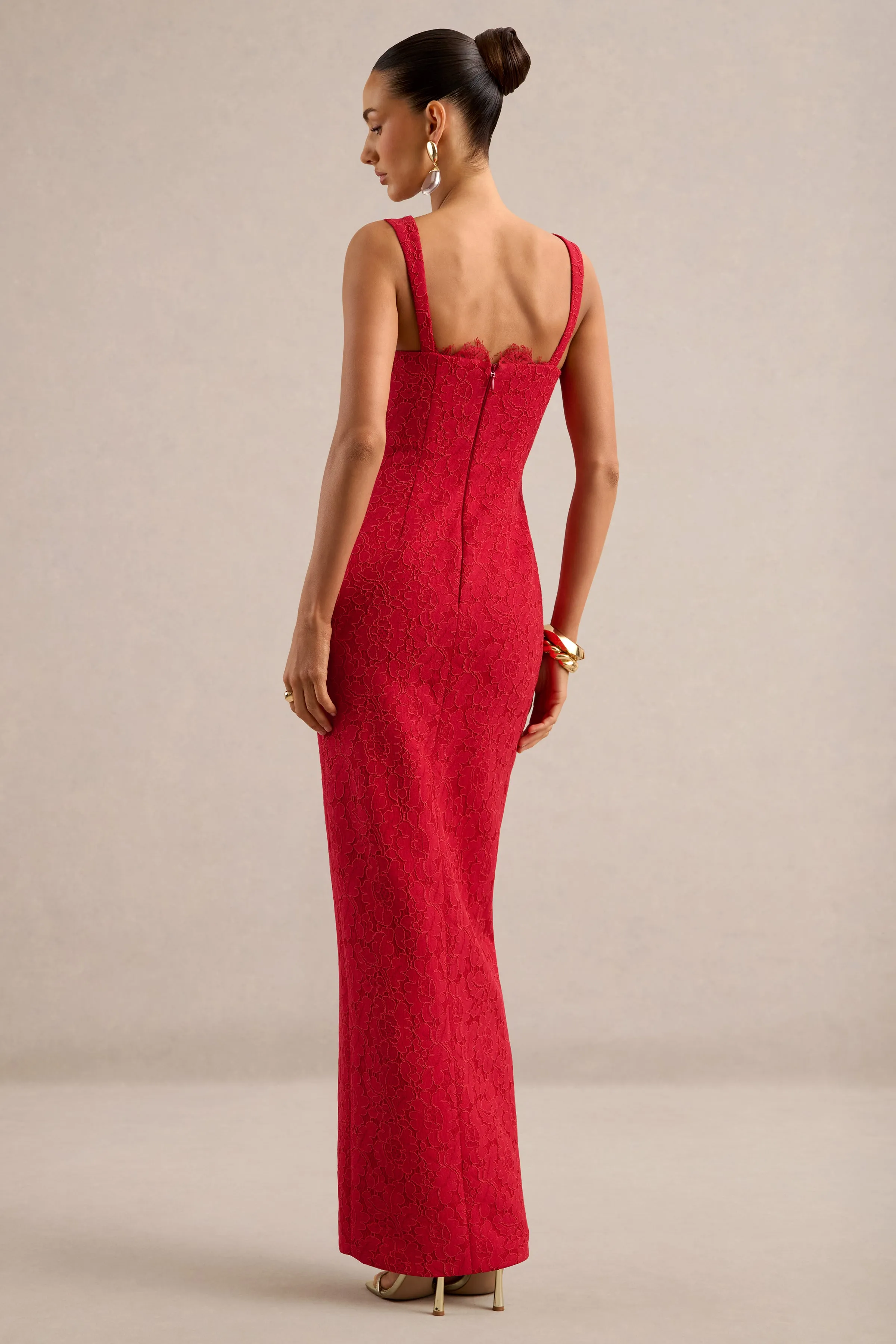 Zarisse | Red Lace Square Neck Maxi Dress With Split sold by Club L London product image thumbnail 2