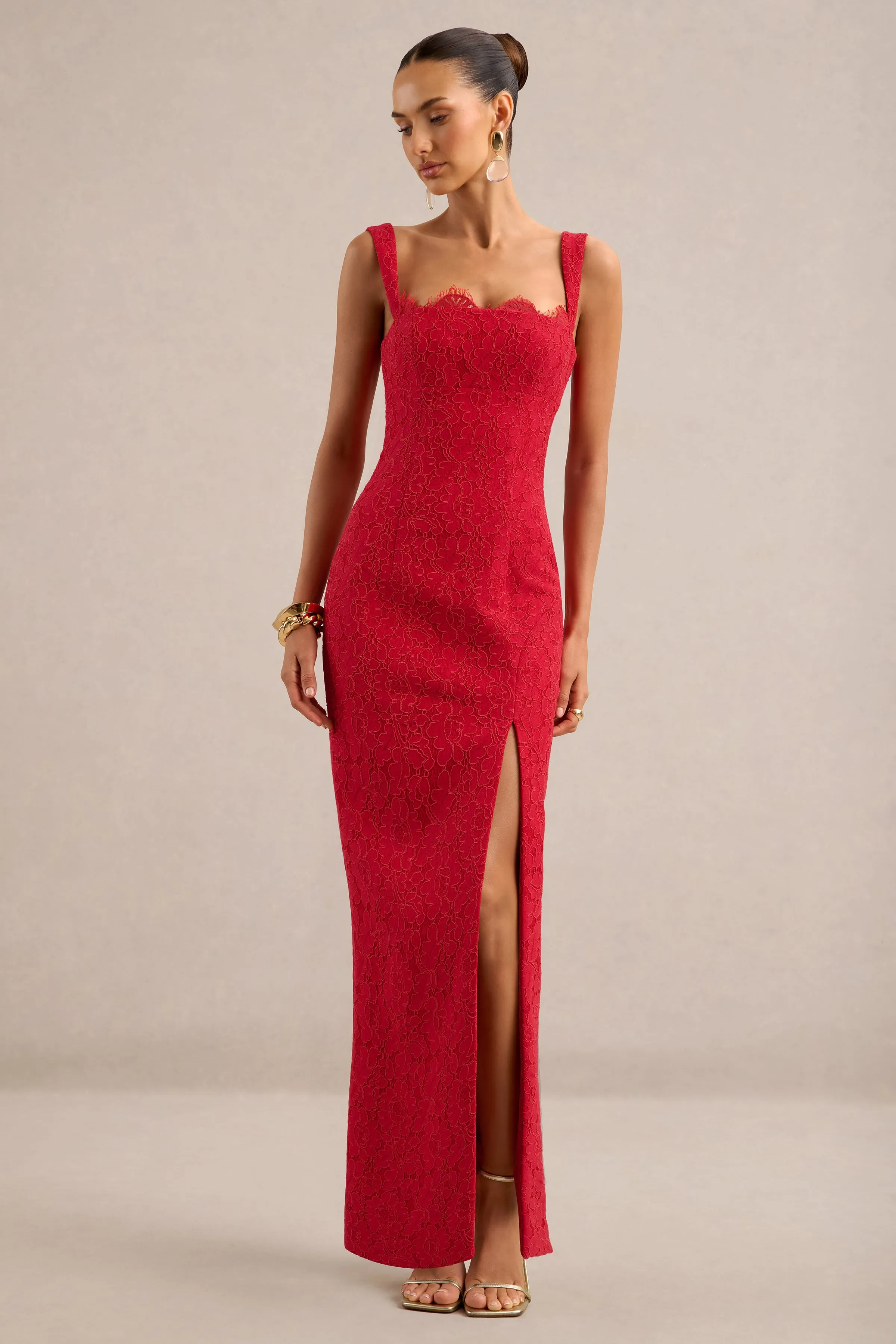 Zarisse | Red Lace Square Neck Maxi Dress With Split sold by Club L London product image thumbnail 5