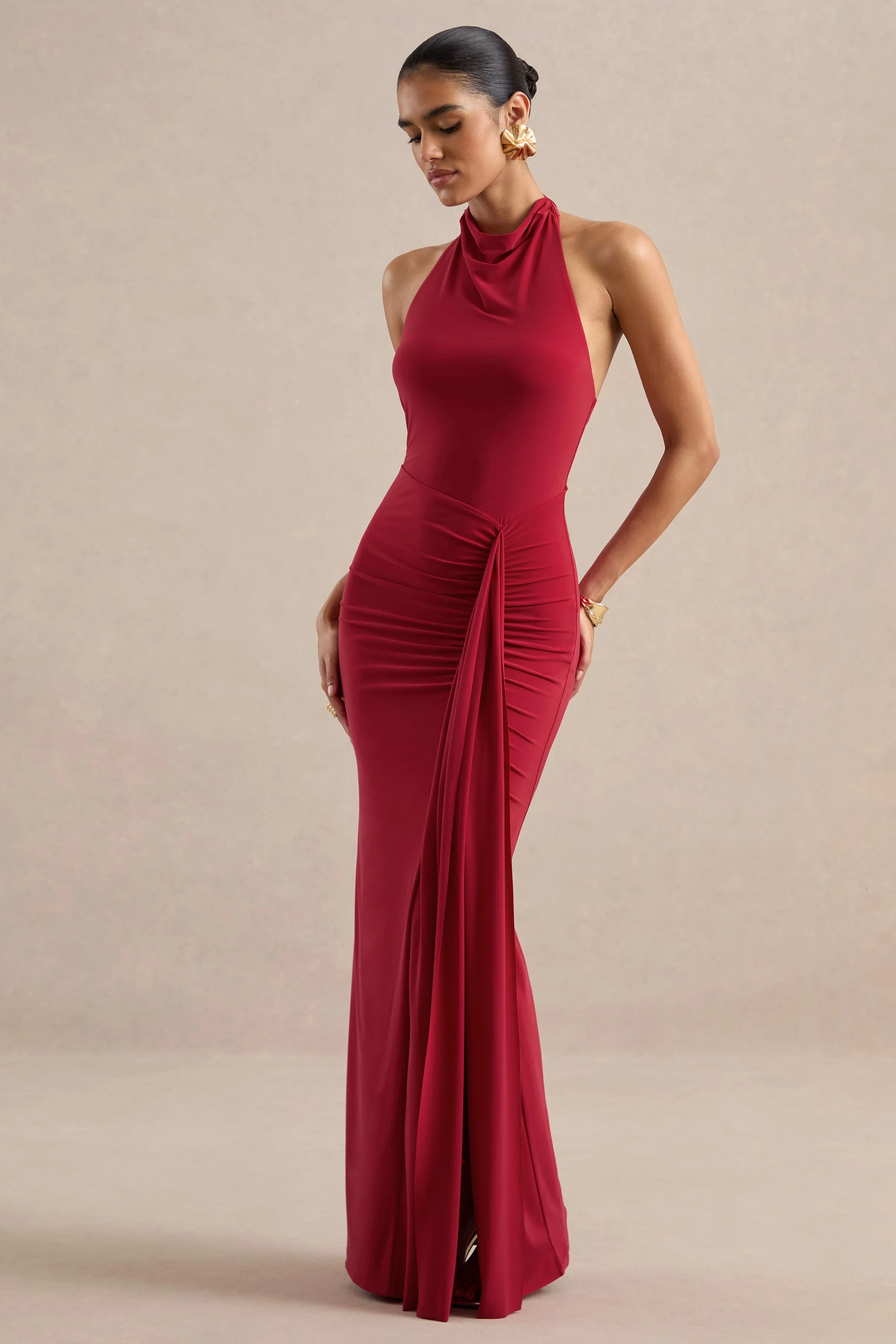 Sunflower | Red Jersey Cowl Maxi Dress With Gathered Detailing And Split sold by Club L London product image thumbnail 3