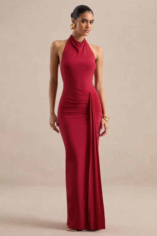 Sunflower | Red Jersey Cowl Maxi Dress With Gathered Detailing And Split made by Club L London