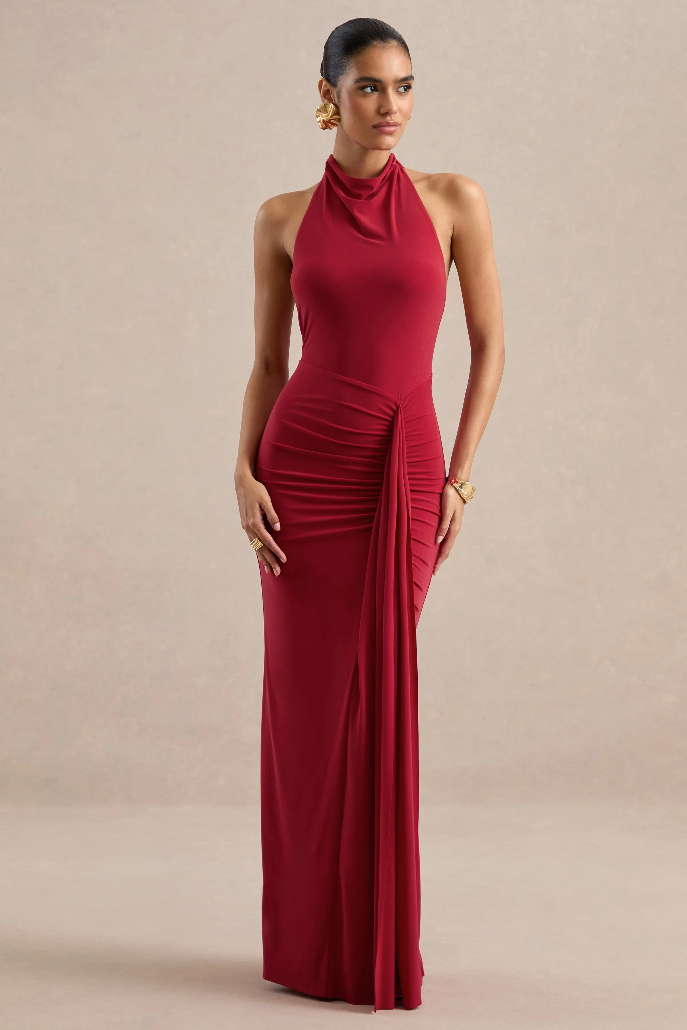 Sunflower | Red Jersey Cowl Maxi Dress With Gathered Detailing And Split sold by Club L London product image thumbnail 5