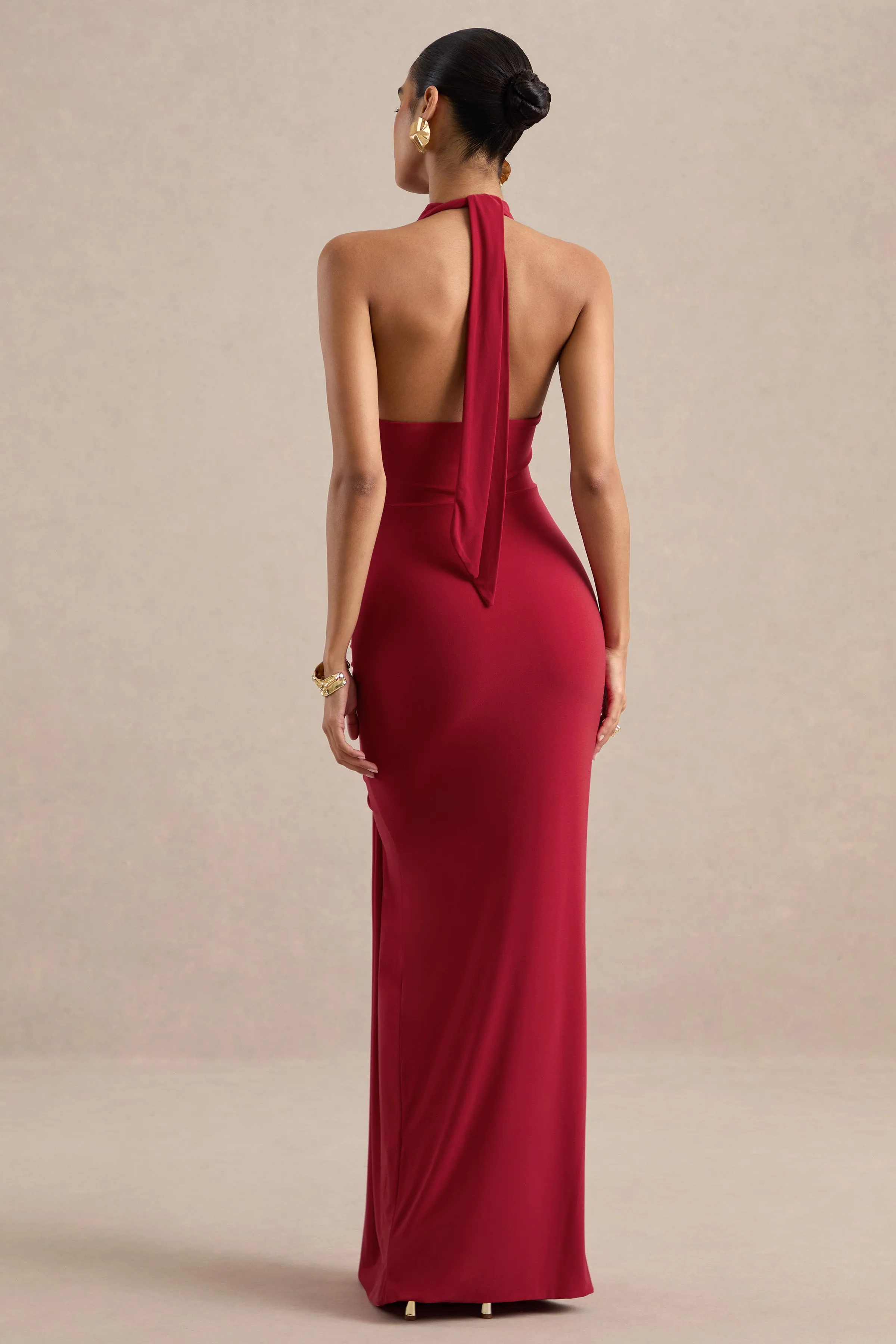 Sunflower | Red Jersey Cowl Maxi Dress With Gathered Detailing And Split sold by Club L London product image thumbnail 2
