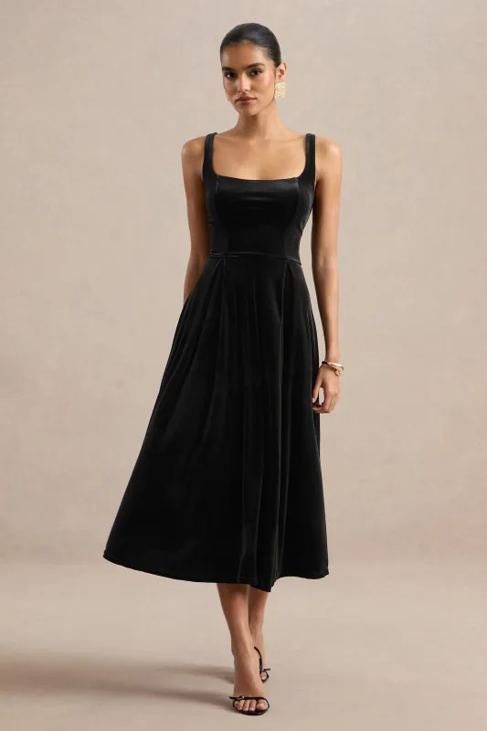 Zelella | Black Velvet Square Neck A-Line Midi Dress made by Club L London