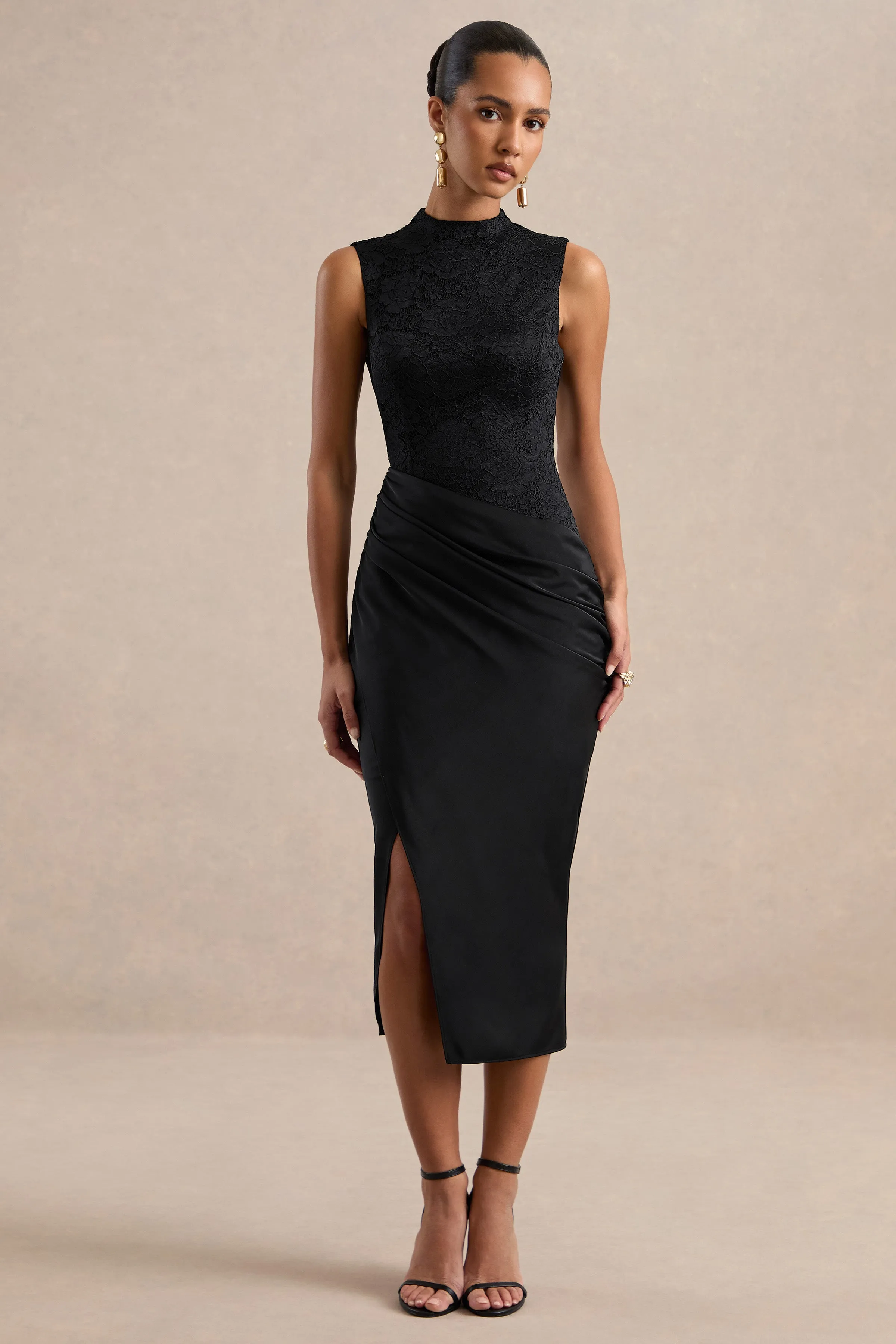 Gemelle | Black Lace Round Neck Midi Dress With Draped Detailing And Split sold by Club L London