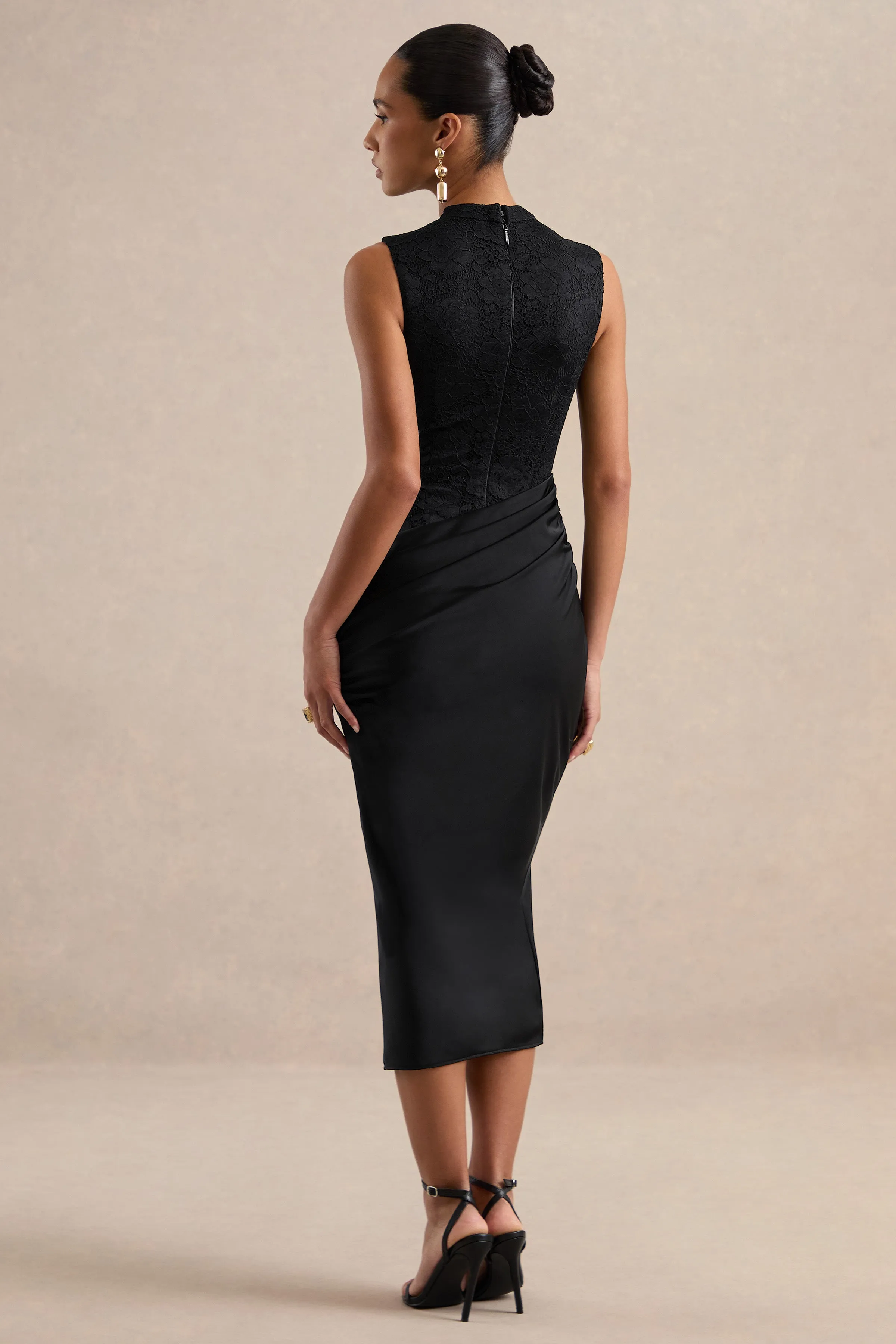 Gemelle | Black Lace Round Neck Midi Dress With Draped Detailing And Split sold by Club L London product image thumbnail 2