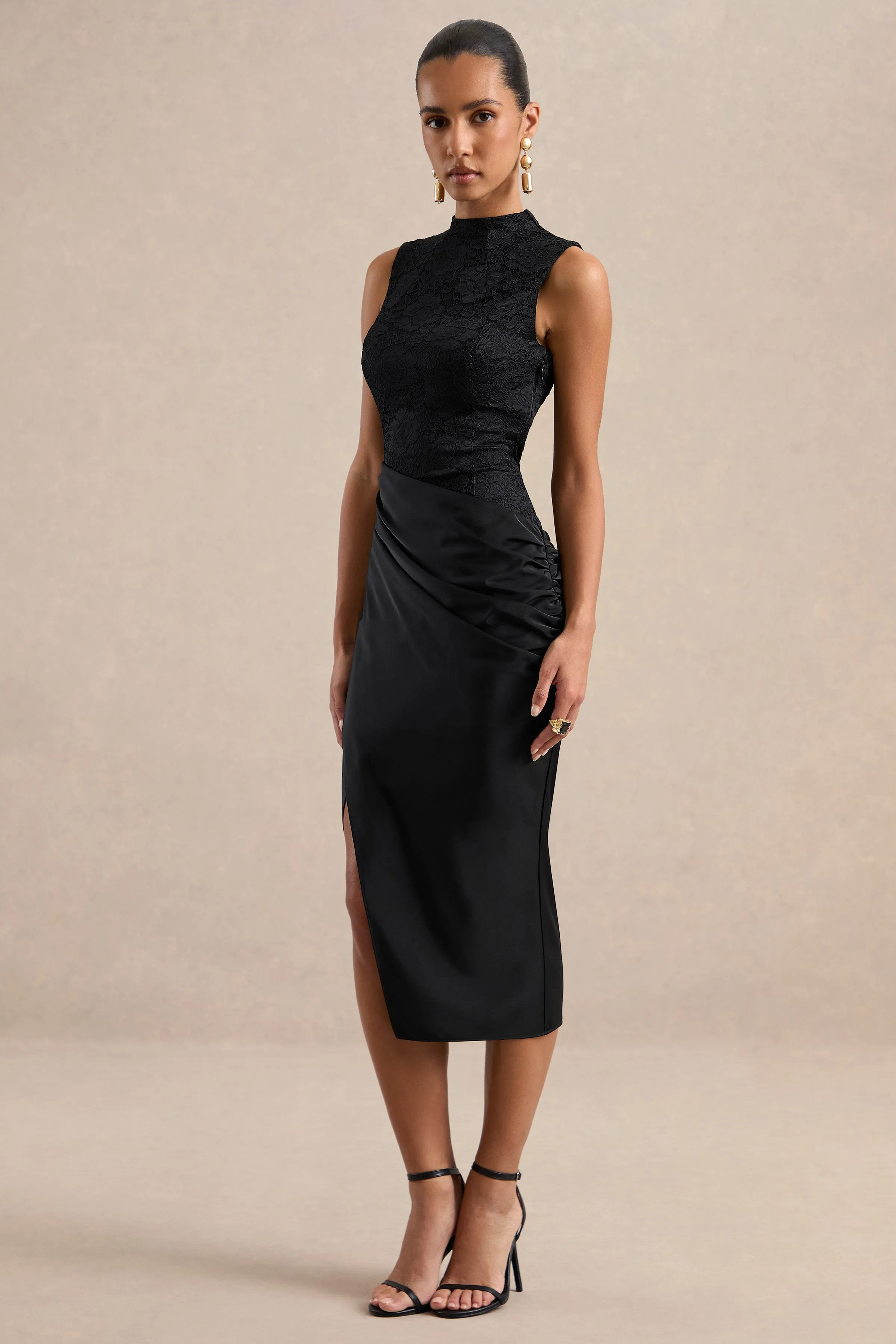 Gemelle | Black Lace Round Neck Midi Dress With Draped Detailing And Split sold by Club L London product image thumbnail 4