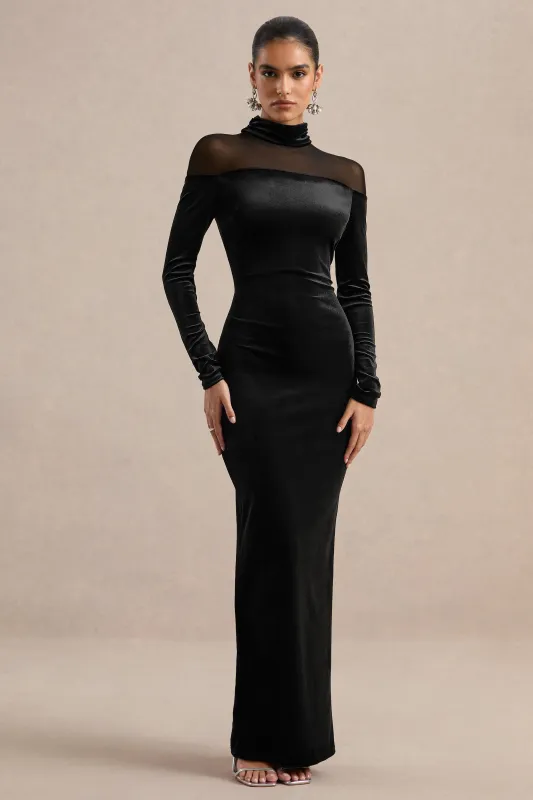 Rosa | Black Velvet High Neck Long Sleeve Maxi Dress With Sheer Detailing made by Club L London