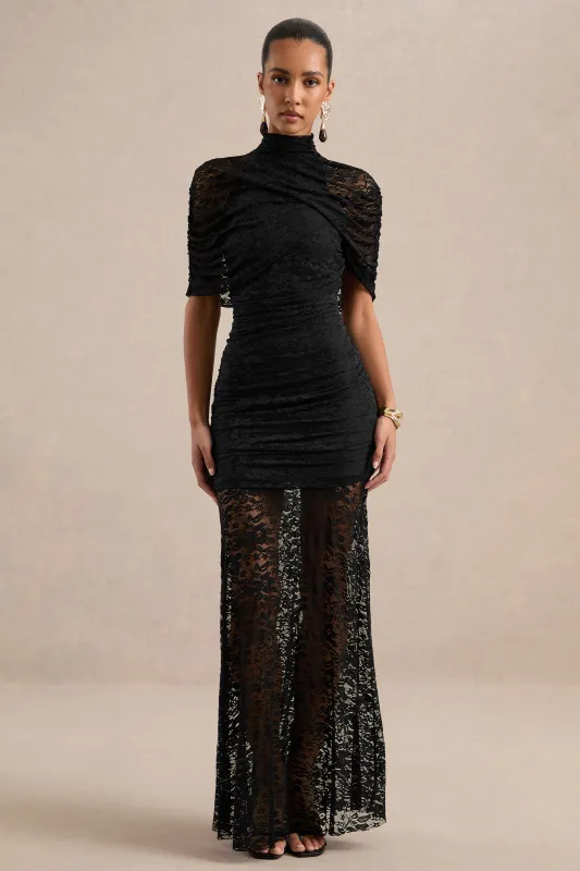 Clarinda | Black Lace Sheer High Neck Maxi Dress With Cape Sleeves And Gathered Detailing made by Club L London