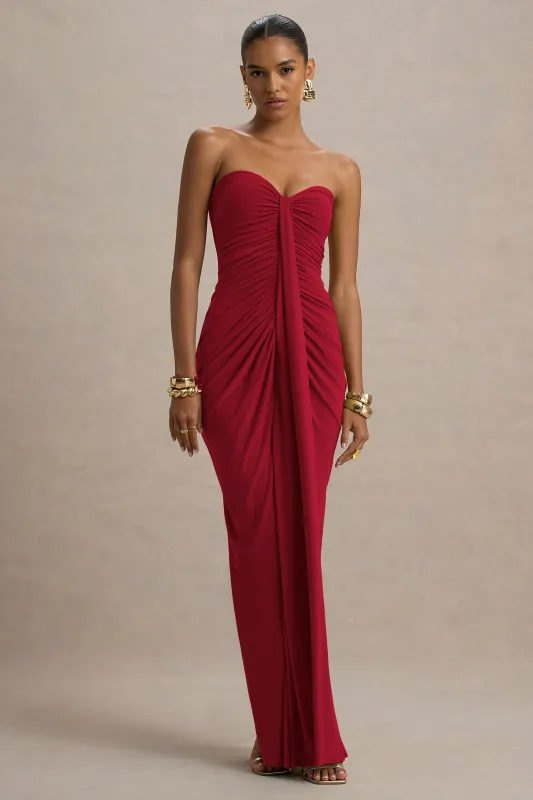 Ali | Red Jersey Sweetheart Maxi Dress With Gathered Detailing And Sash made by Club L London