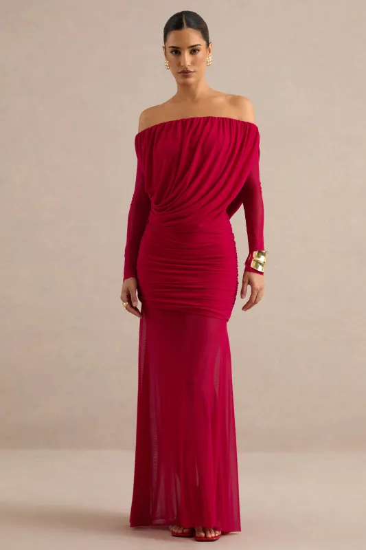 Amaline | Red Mesh Bardot-Neck Maxi Dress With Draped Detailing made by Club L London