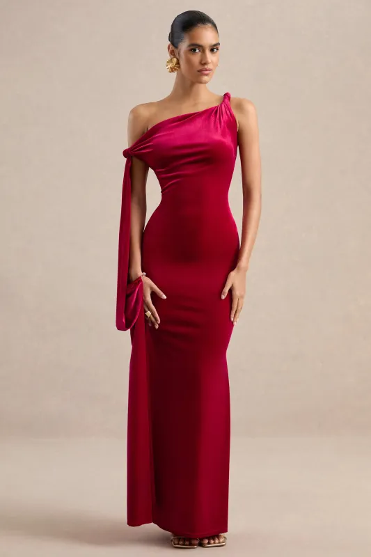 Blakely | Red Velvet Twist One Shoulder Maxi Dress With Sash And Cuff Trim made by Club L London