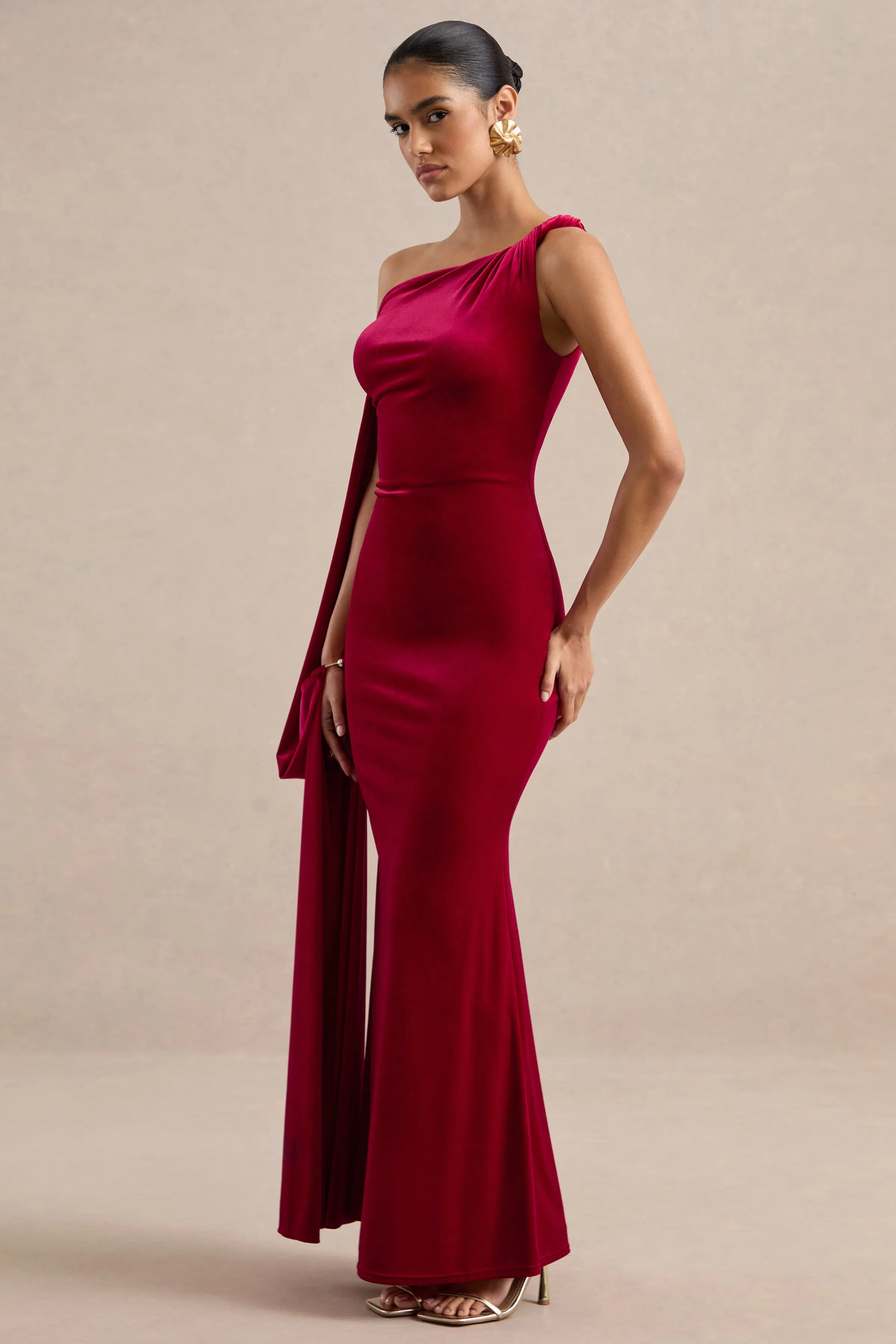 Blakely | Red Velvet Twist One Shoulder Maxi Dress With Sash And Cuff Trim sold by Club L London product image thumbnail 5