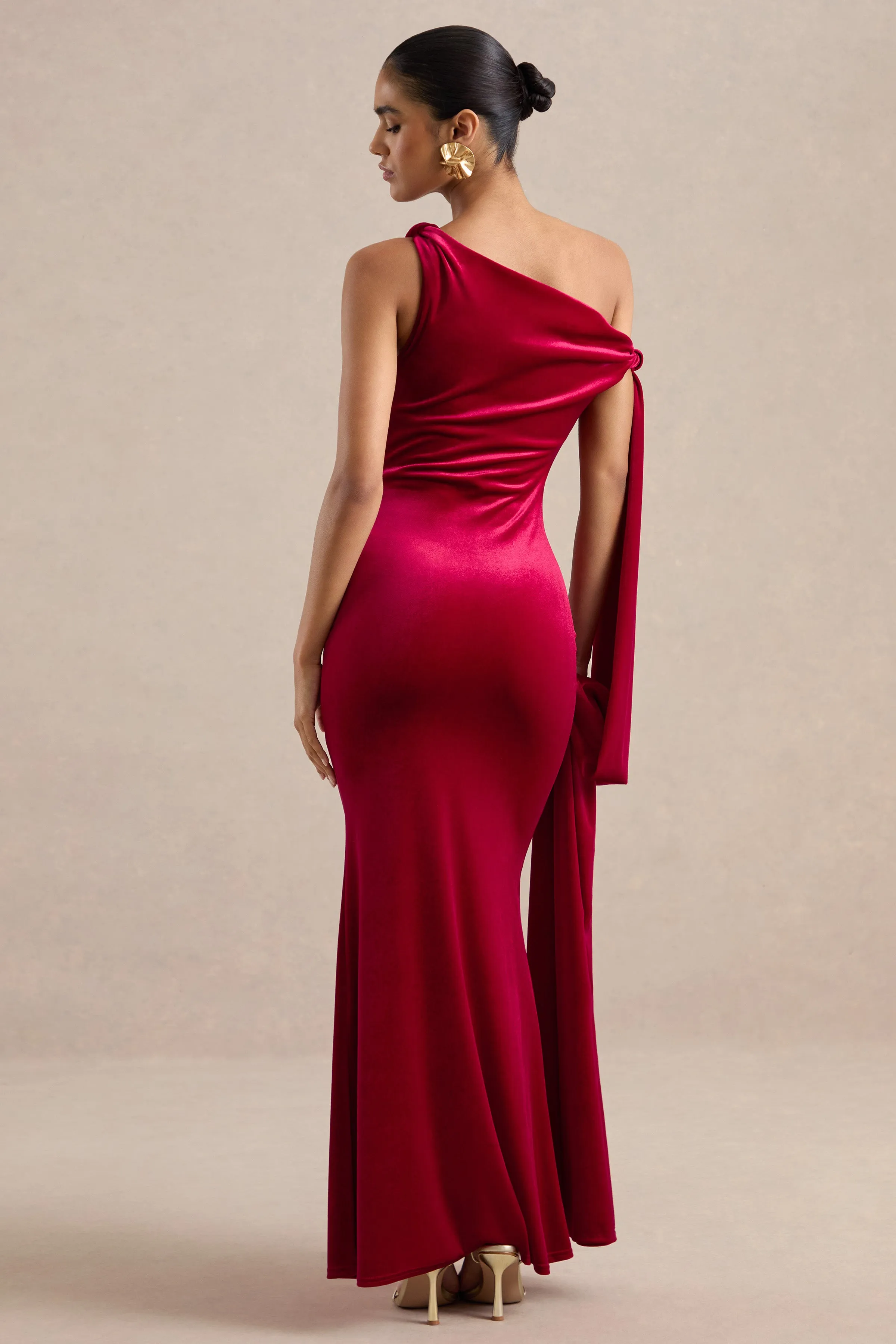 Blakely | Red Velvet Twist One Shoulder Maxi Dress With Sash And Cuff Trim sold by Club L London product image thumbnail 3