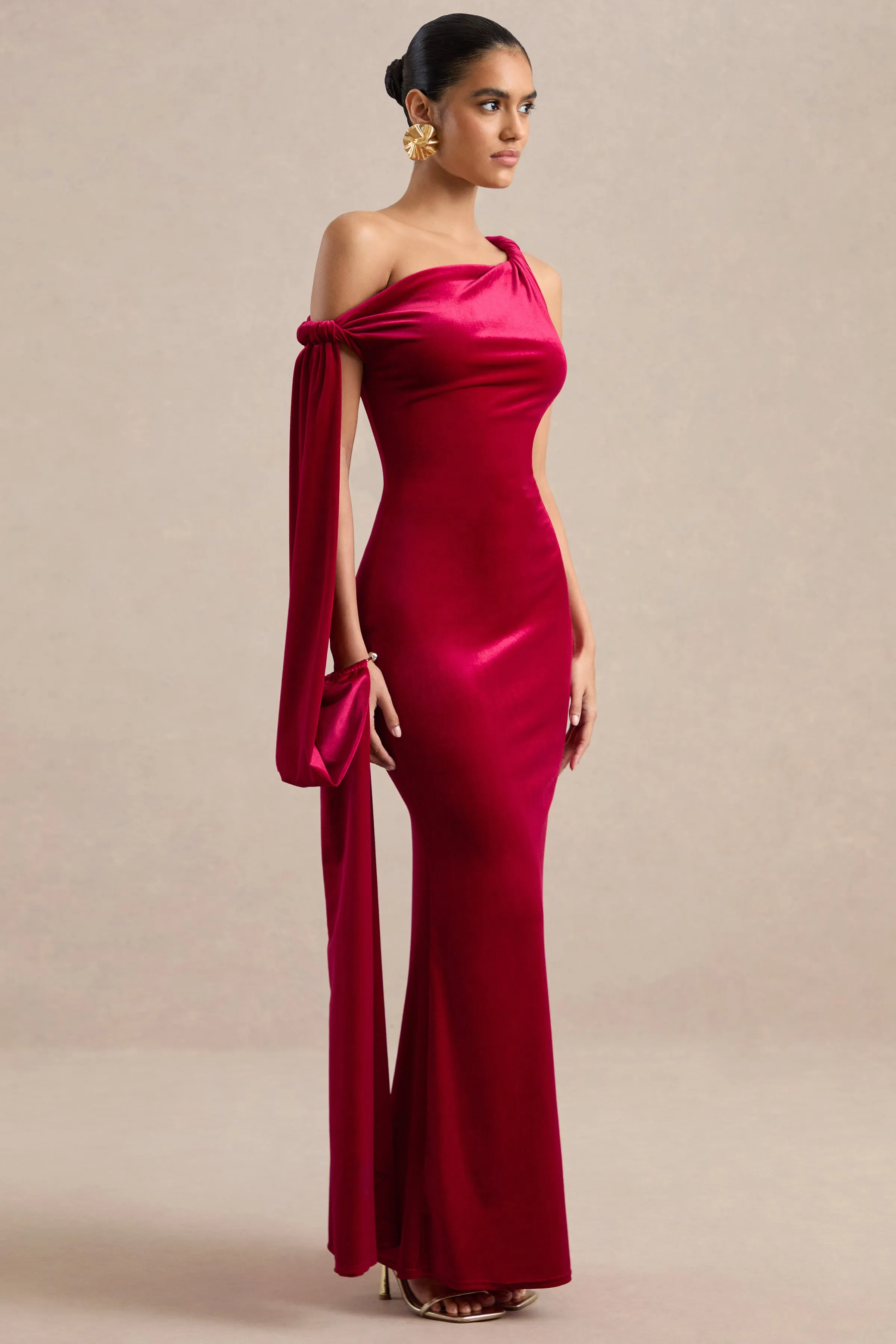 Blakely | Red Velvet Twist One Shoulder Maxi Dress With Sash And Cuff Trim sold by Club L London product image thumbnail 4
