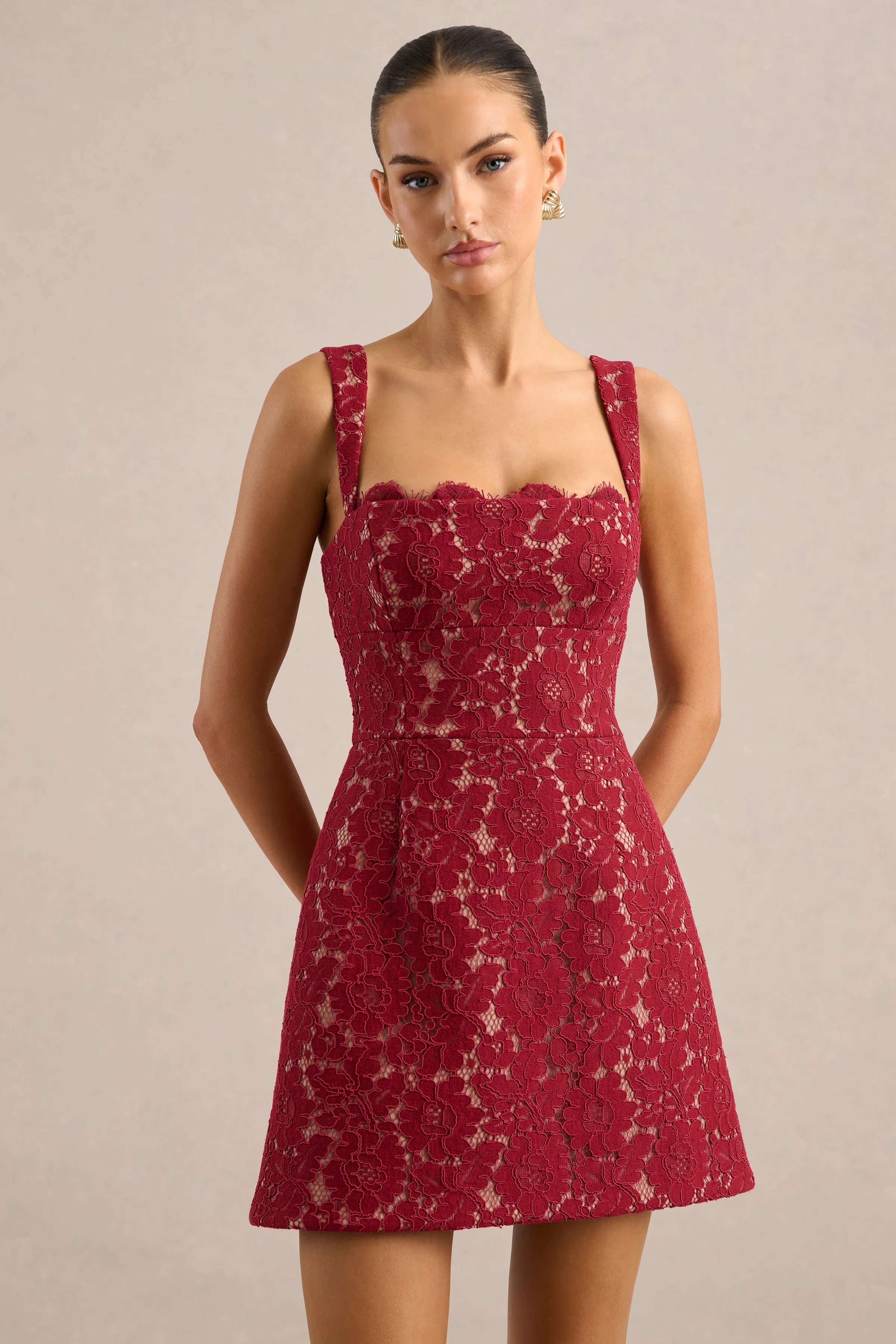 Orelisse | Burgundy Lace Square Neck A-Line Mini Dress sold by Club L London product image thumbnail 4