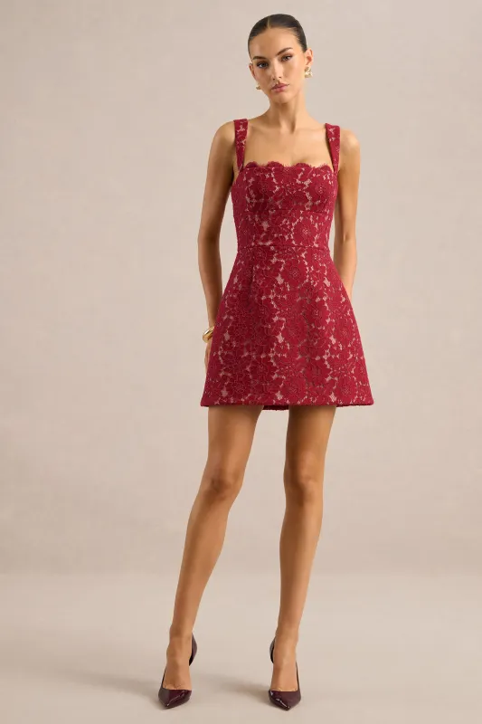 Orelisse | Burgundy Lace Square Neck A-Line Mini Dress made by Club L London