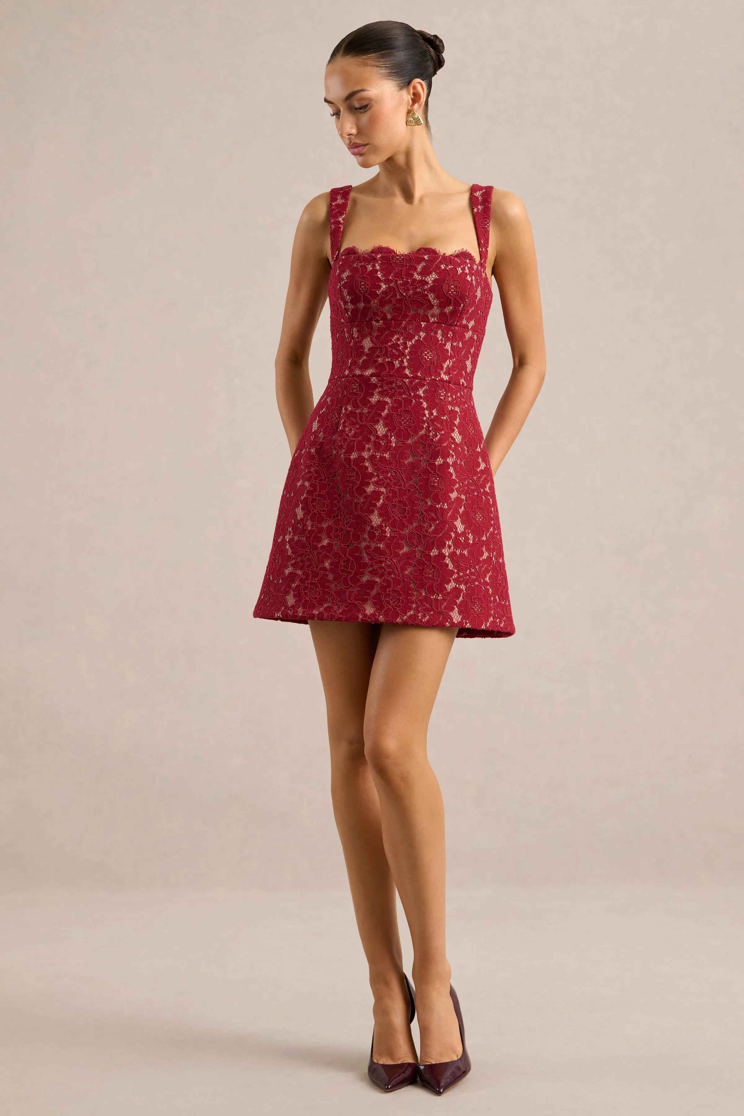 Orelisse | Burgundy Lace Square Neck A-Line Mini Dress sold by Club L London product image thumbnail 3