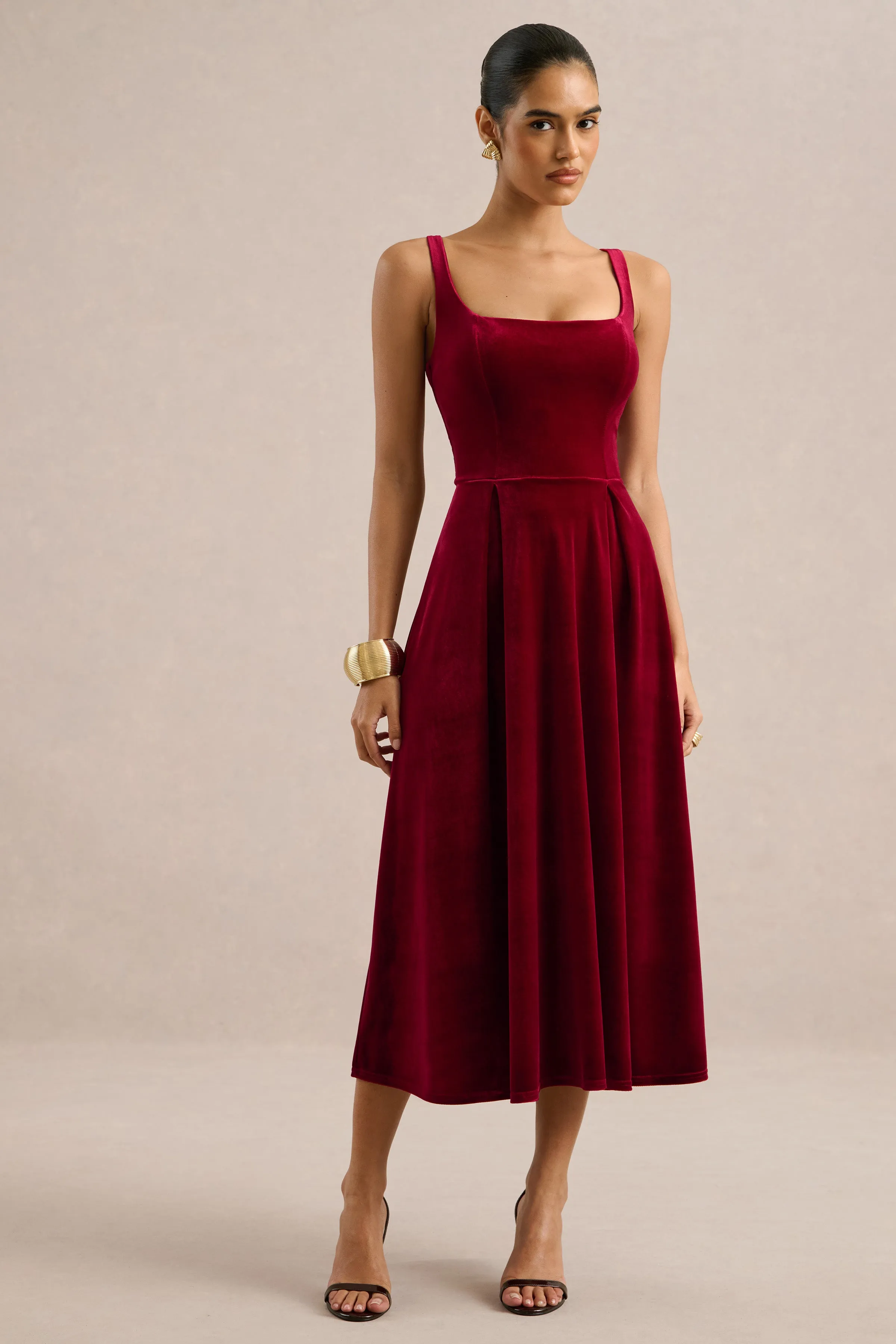 Zelella | Berry Velvet Square Neck A-Line Midi Dress sold by Club L London product image thumbnail 3