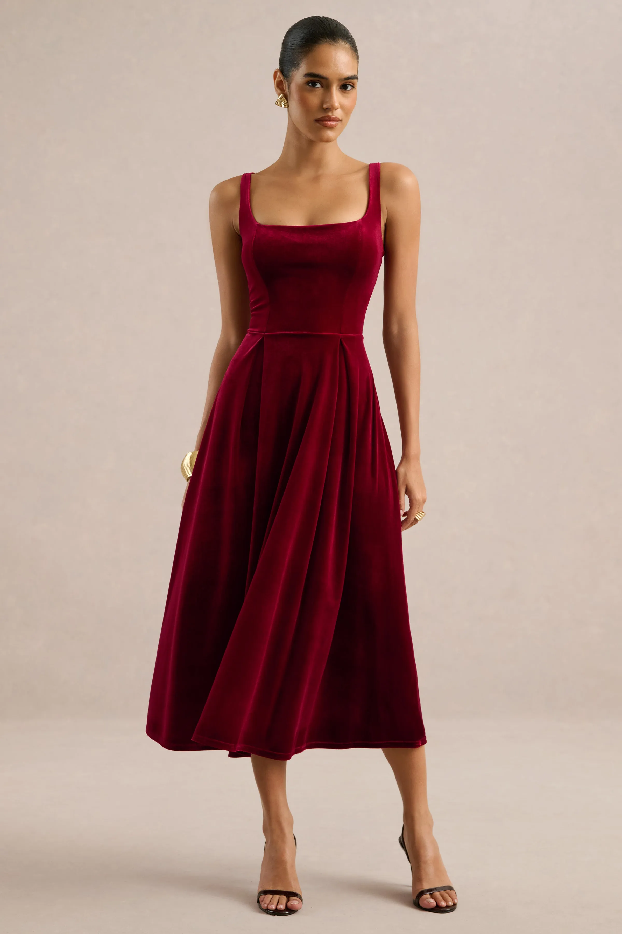 Zelella | Berry Velvet Square Neck A-Line Midi Dress sold by Club L London
