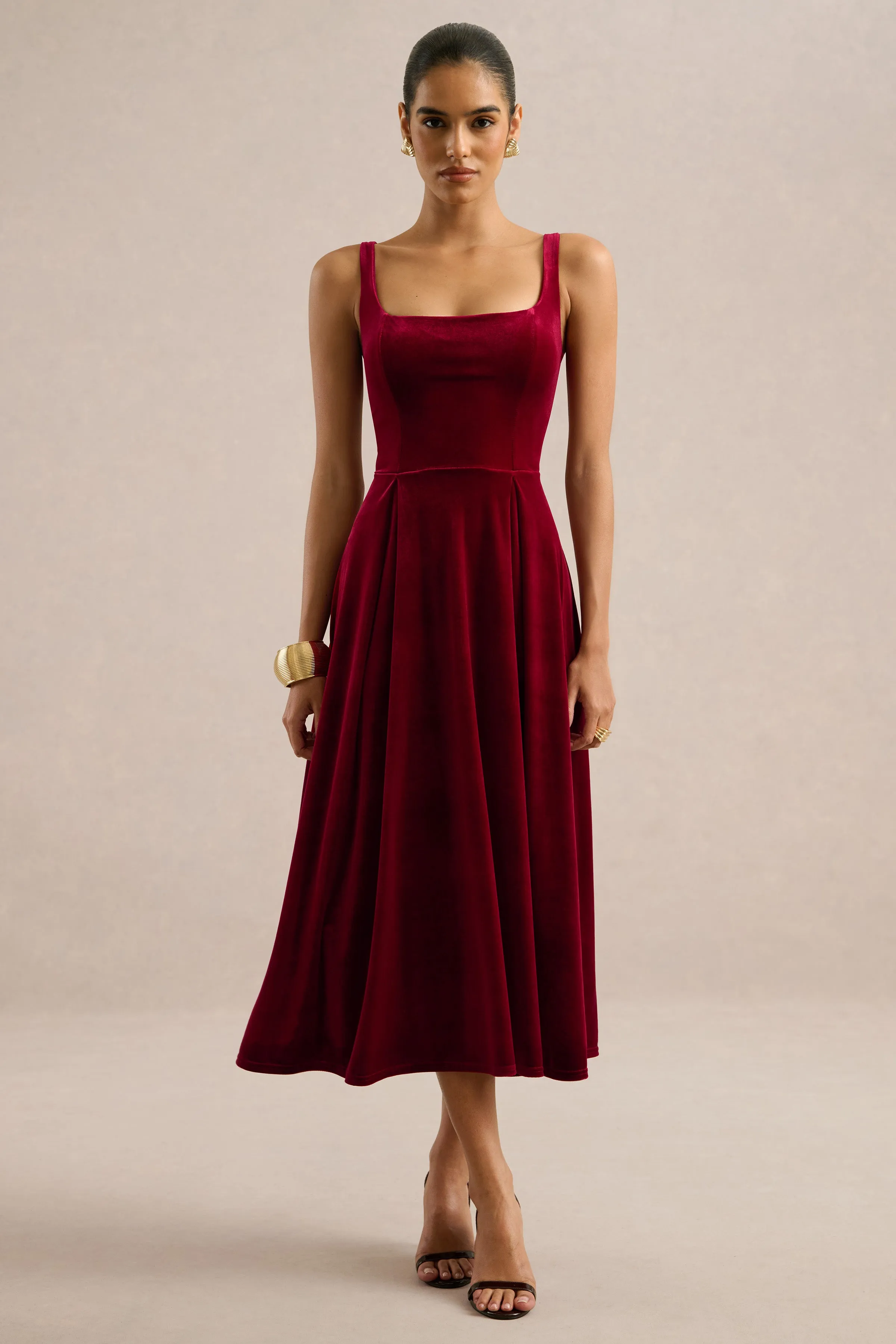 Zelella | Berry Velvet Square Neck A-Line Midi Dress sold by Club L London product image thumbnail 5