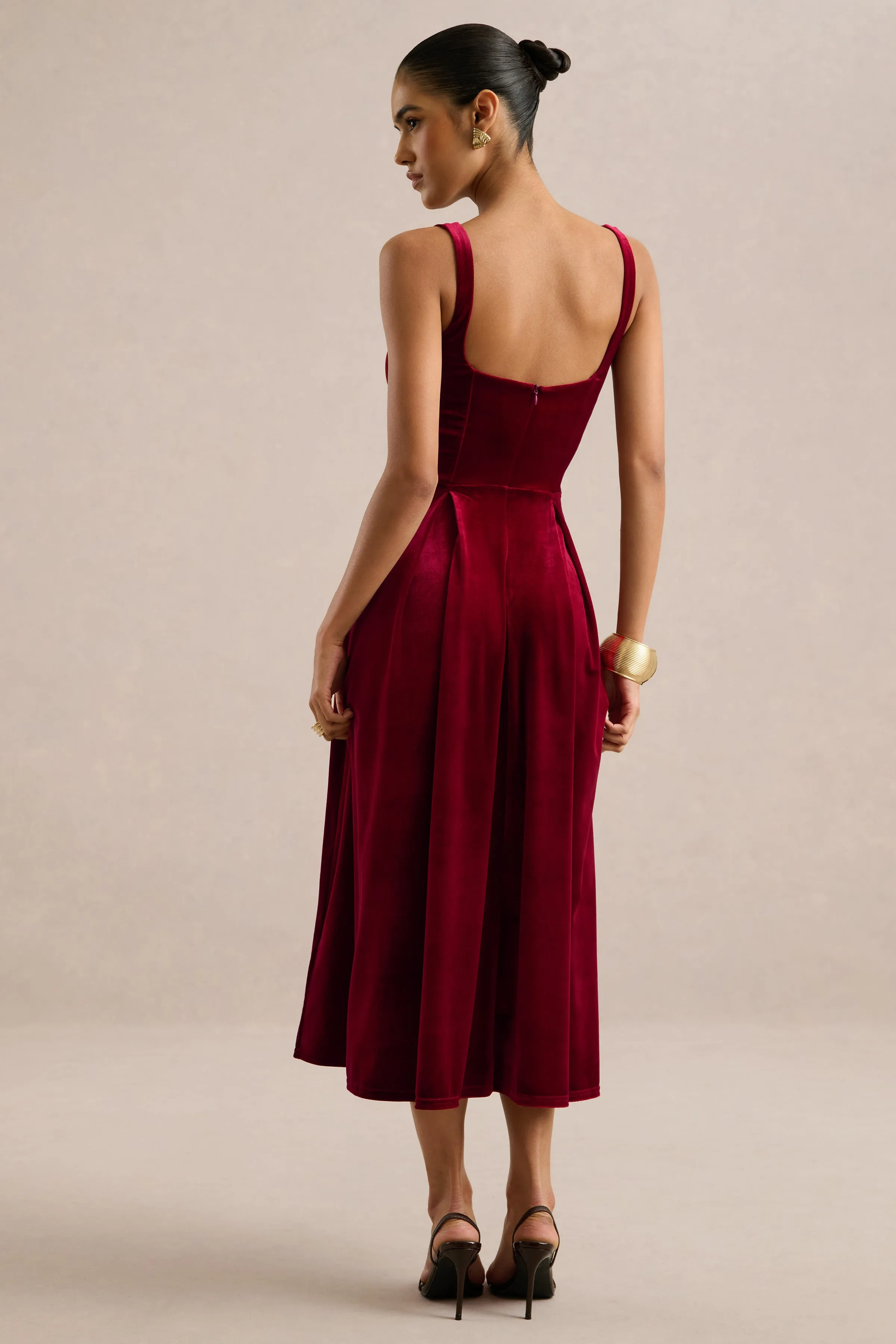 Zelella | Berry Velvet Square Neck A-Line Midi Dress sold by Club L London product image thumbnail 2