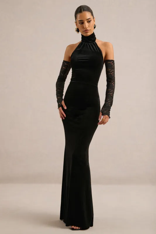 Vesna | Black Velvet High Neck Maxi Dress With Sheer Lace Sleeves made by Club L London