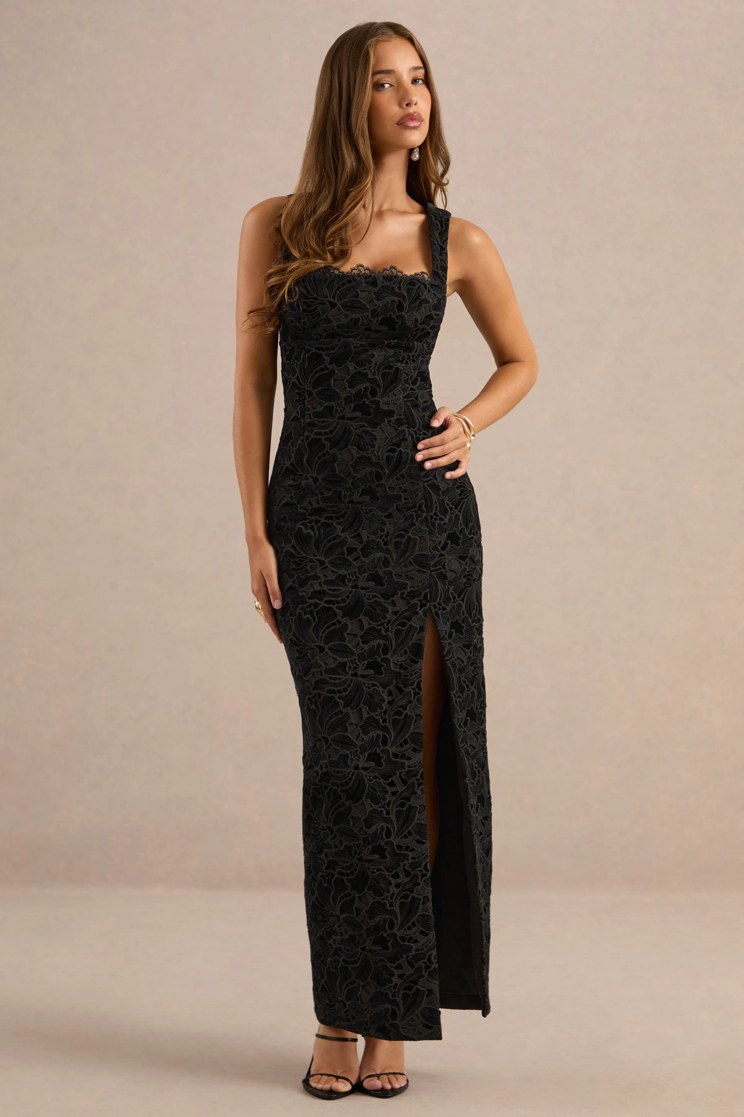 Ebelina | Black Lace Square Neck Maxi Dress With Back Split sold by Club L London product image thumbnail 5